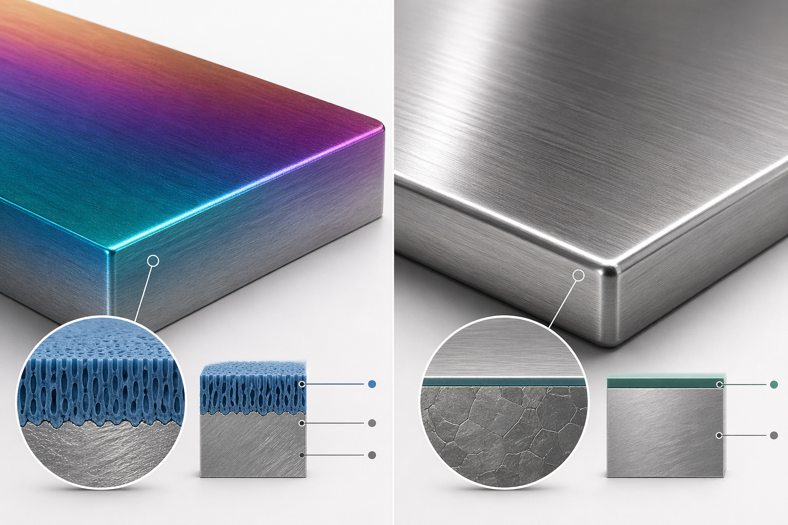 Comparison of anodized aluminum surface and stainless steel surface showing why stainless steel cannot be anodized the same way