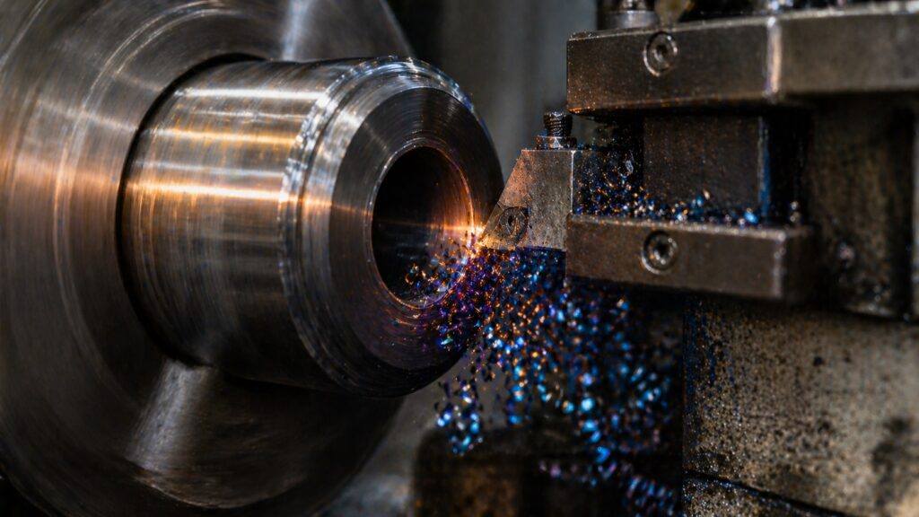 blue metal chips forming during steel machining due to high temperature cutting