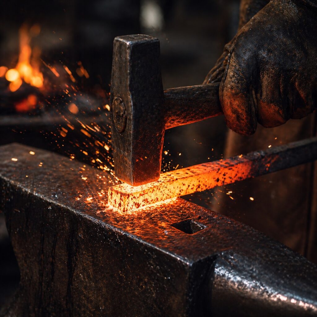 blacksmith forging railroad track steel showing sparks and heat treatment process