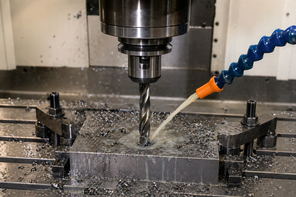 deep hole drilling in stainless steel using G83 peck drilling cycle with carbide drill and chip control