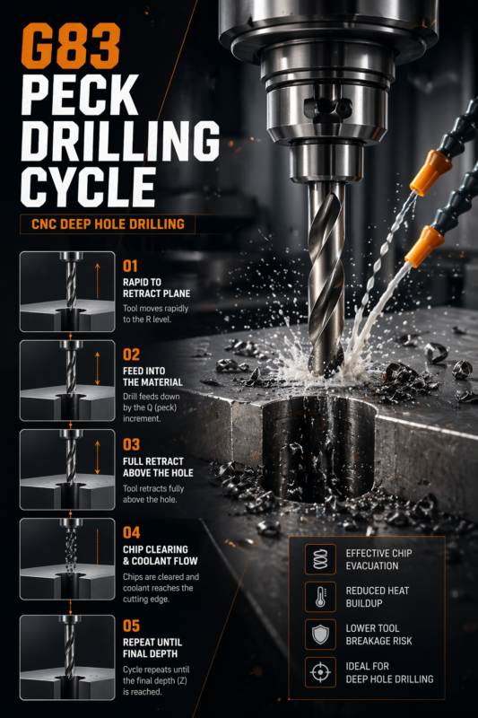 G83 peck drilling cycle in CNC machining showing deep hole drilling and chip evacuation process