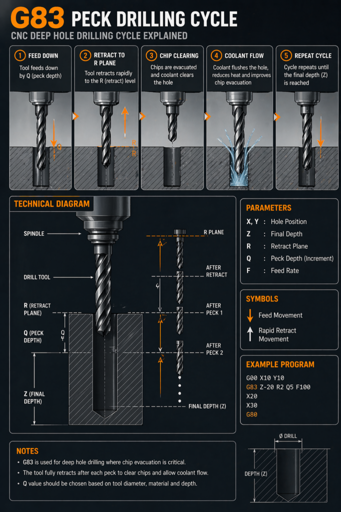 technical diagram of G83 peck drilling cycle showing feed retract chip evacuation and deep hole drilling process in CNC machining