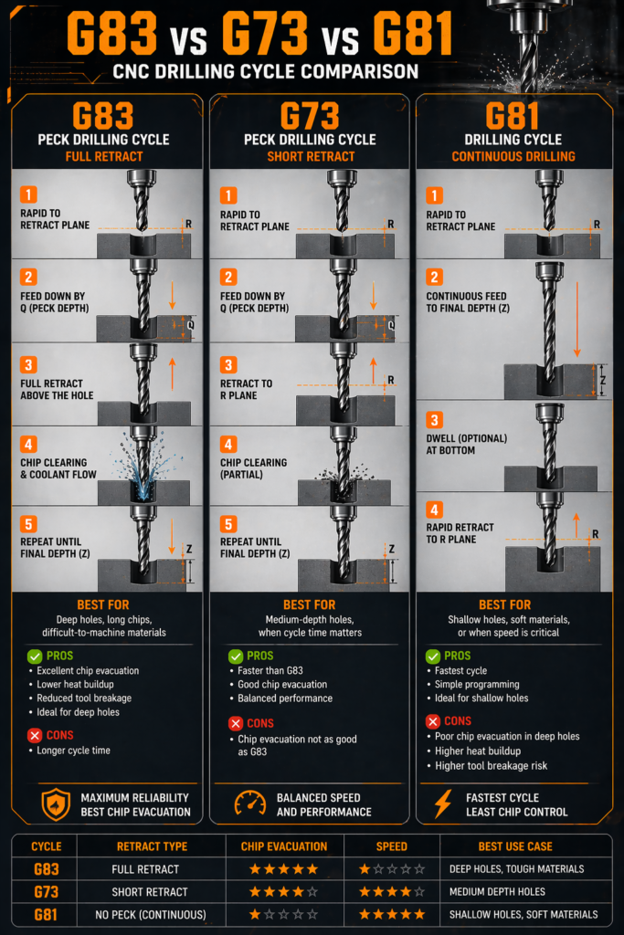 comparison infographic showing G81 continuous drilling G73 short retract and G83 full retract cycle