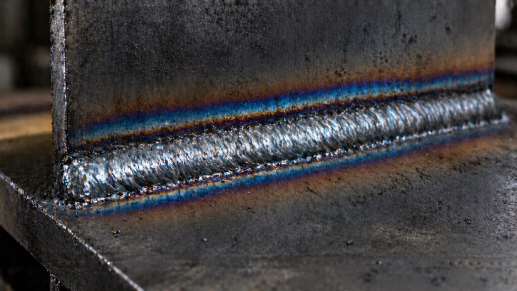 steel weld heat affected zone showing blue discoloration from high temperature