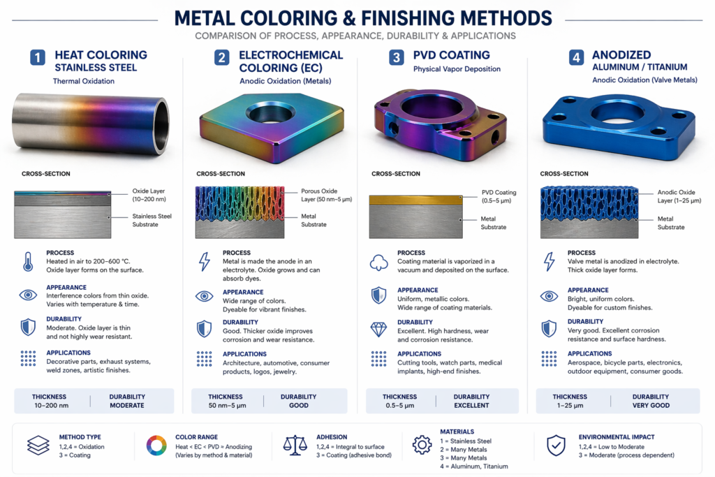 Comparison infographic showing heat coloring, electrochemical coloring, PVD coating, and anodizing as different metal finishing methods