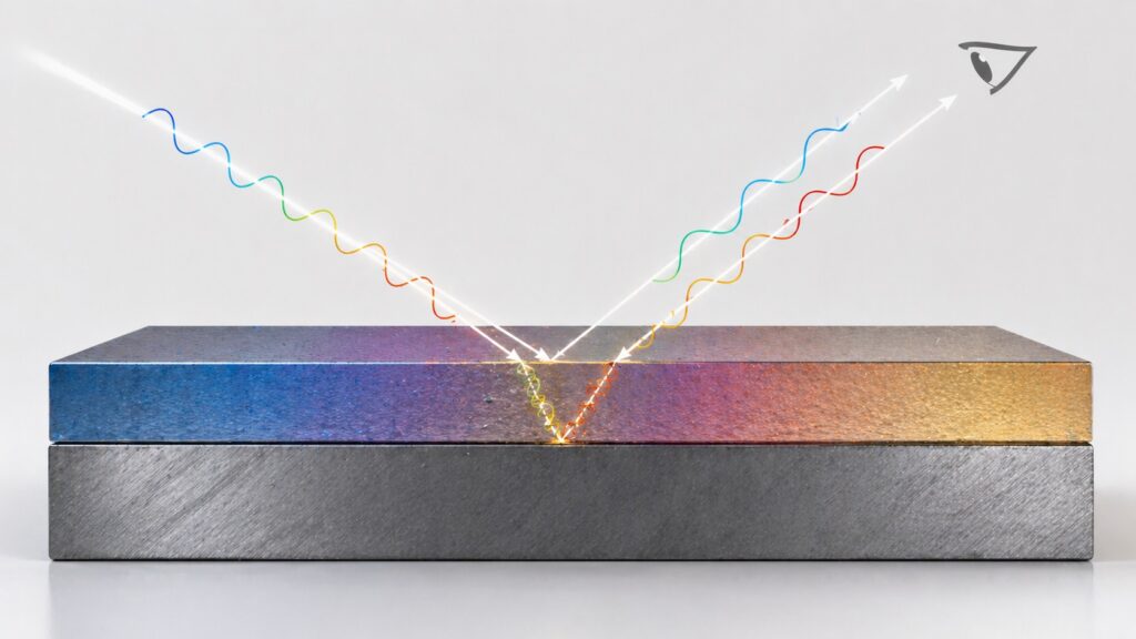thin film interference on steel surface showing how oxide layer creates blue color