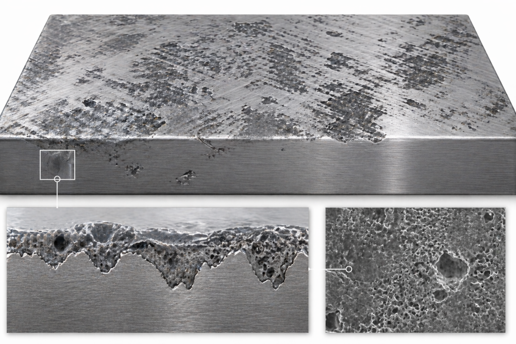 Illustration of stainless steel surface showing etching and pitting after an attempted anodizing process