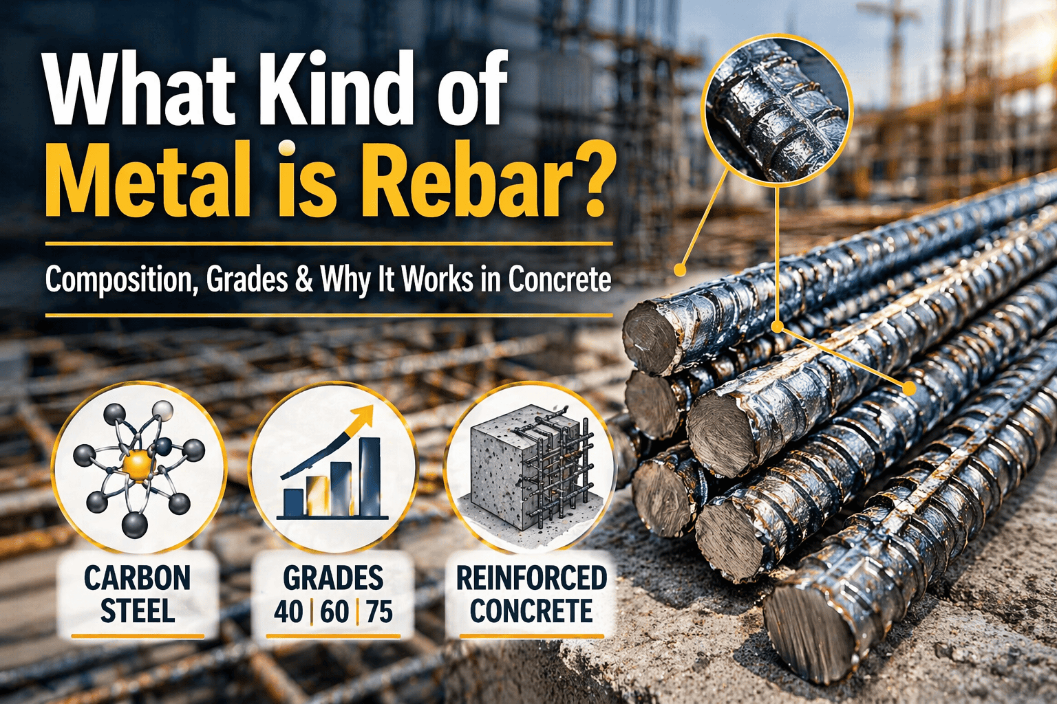 close-up of carbon steel rebar with deformation ribs used in reinforced concrete construction