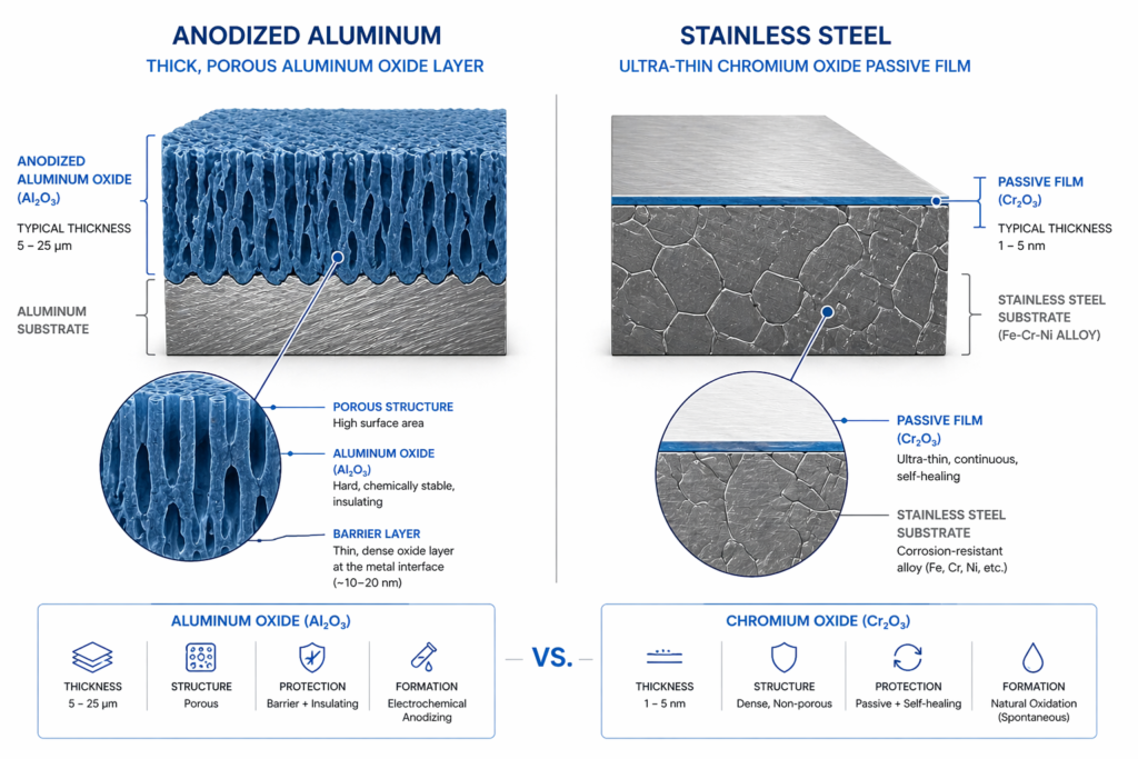 Technical diagram comparing the thick porous anodized oxide layer on aluminum with the thin passive chromium oxide layer on stainless steel