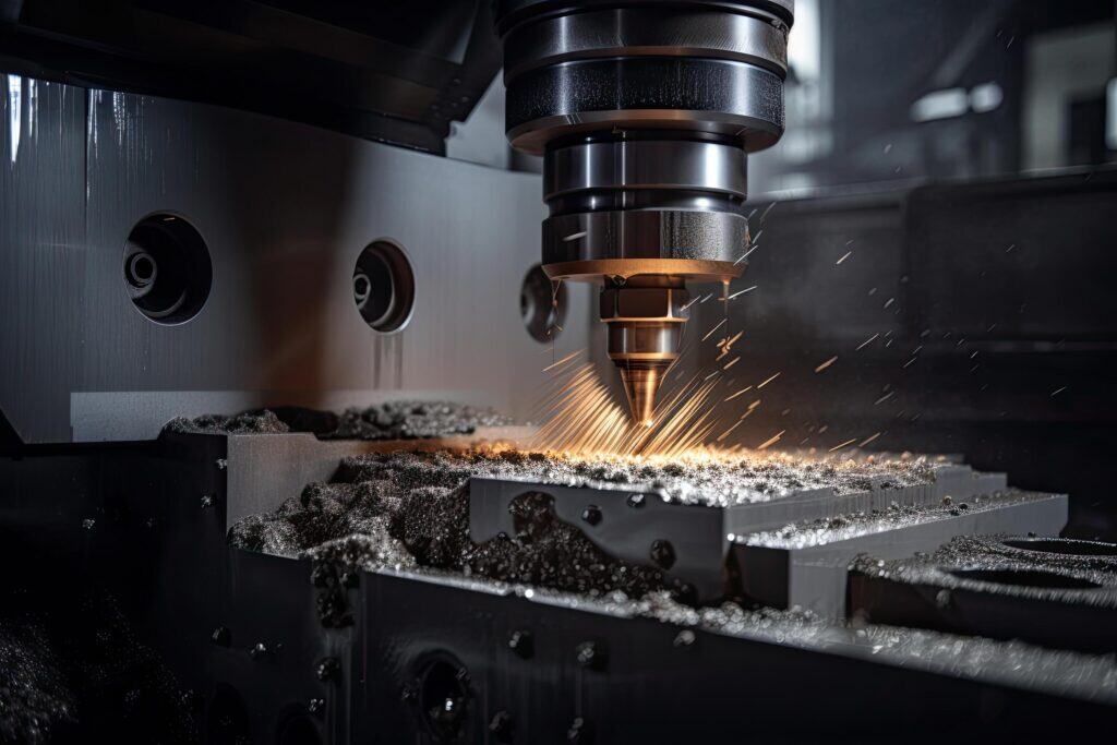 CNC machining process cutting metal with sparks