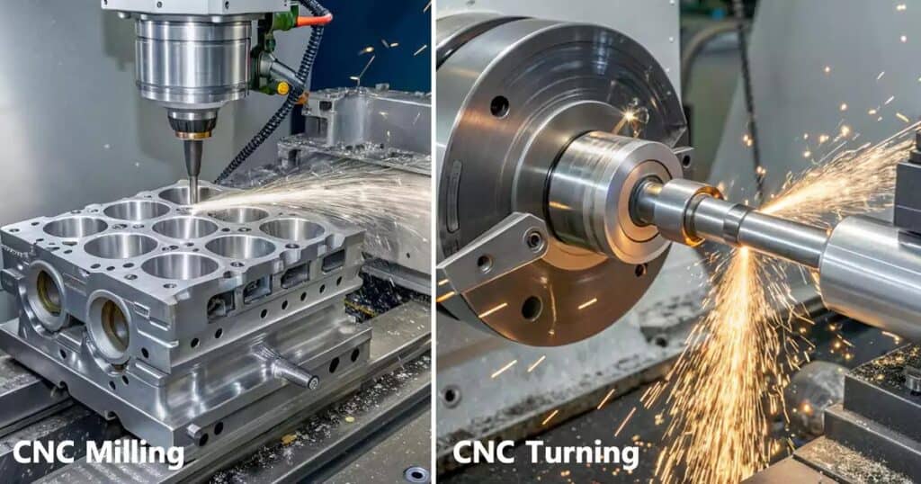 CNC milling vs turning difference machine comparison metal machining