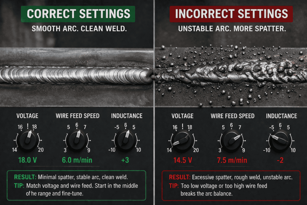 correct voltage and wire feed vs spatter welding comparison