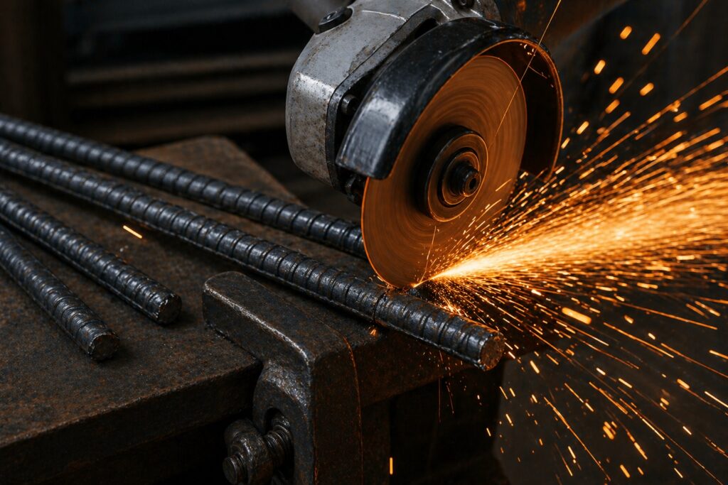 angle grinder cutting rebar with sparks