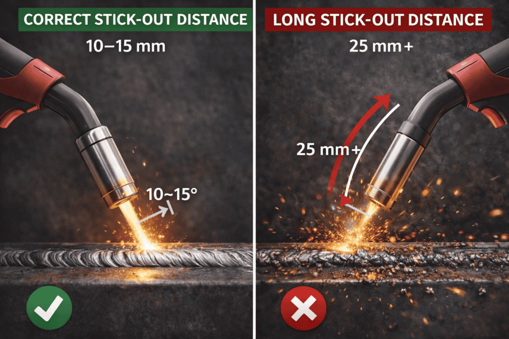 correct stick out distance MIG welding 10 to 15 mm diagram