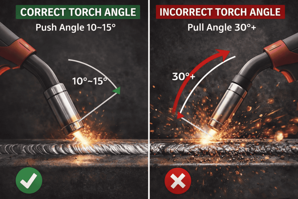 correct torch angle 10 to 15 degrees MIG welding diagram