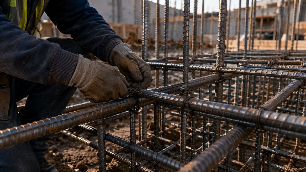 Steel rebar cage assembly before concrete placement