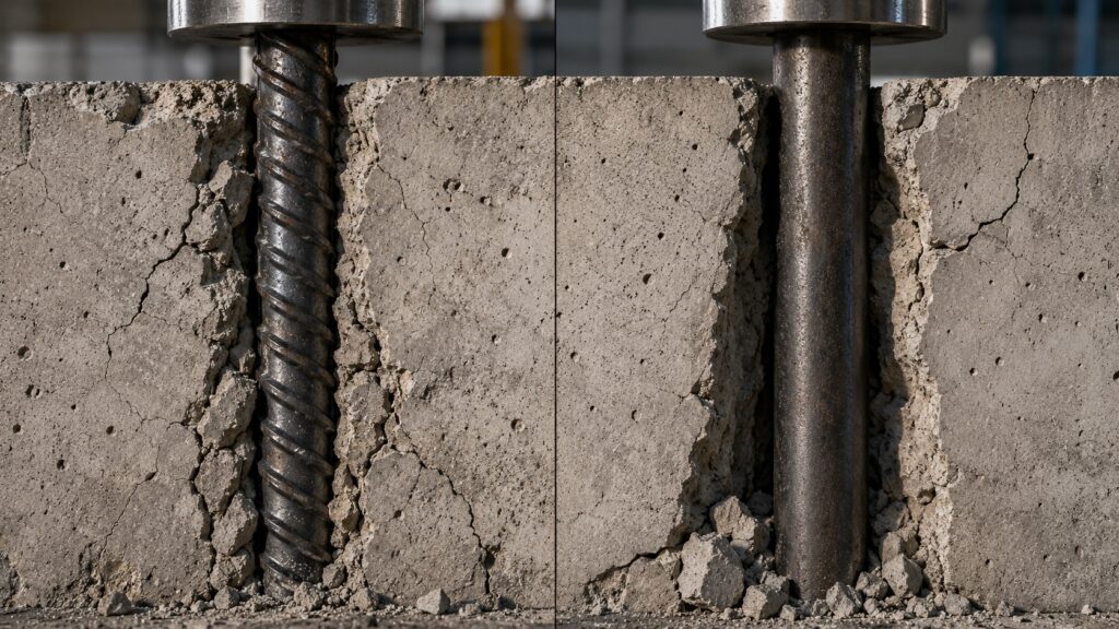 Comparison between ribbed rebar and smooth steel reinforcement