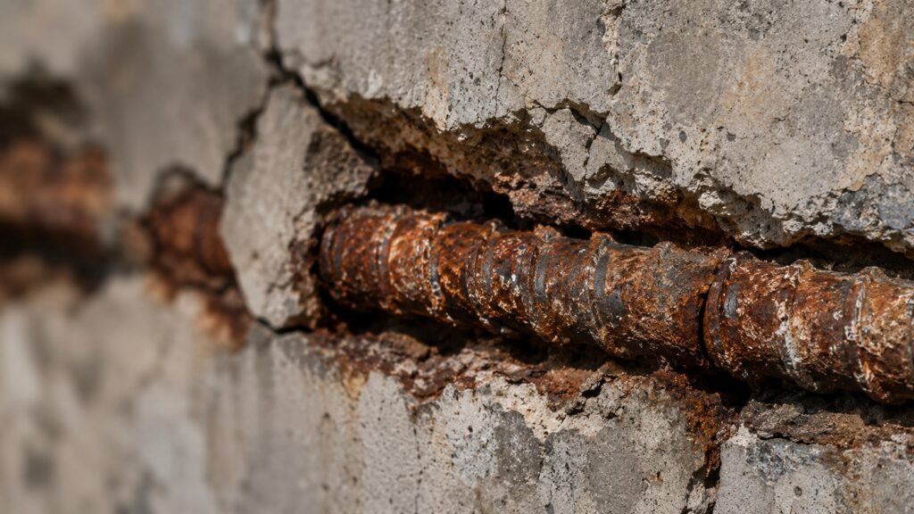 Corroded reinforcing steel causing concrete spalling