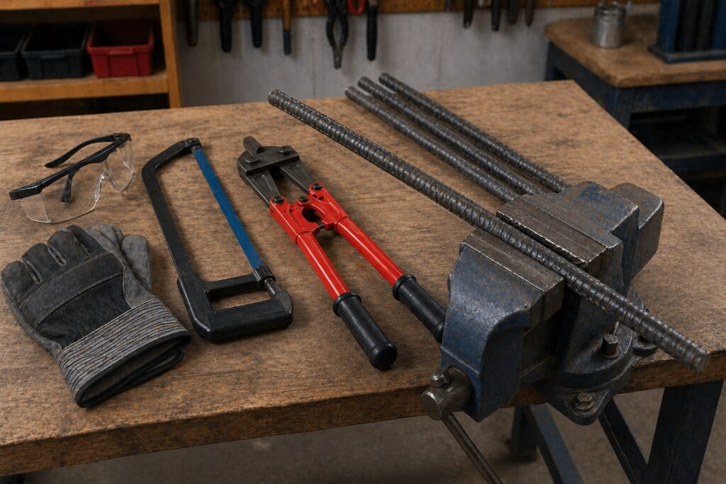 safe rebar cutting setup with gloves and safety glasses