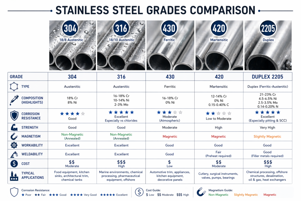 Chart comparing stainless steel grades based on corrosion resistance, cost and applications