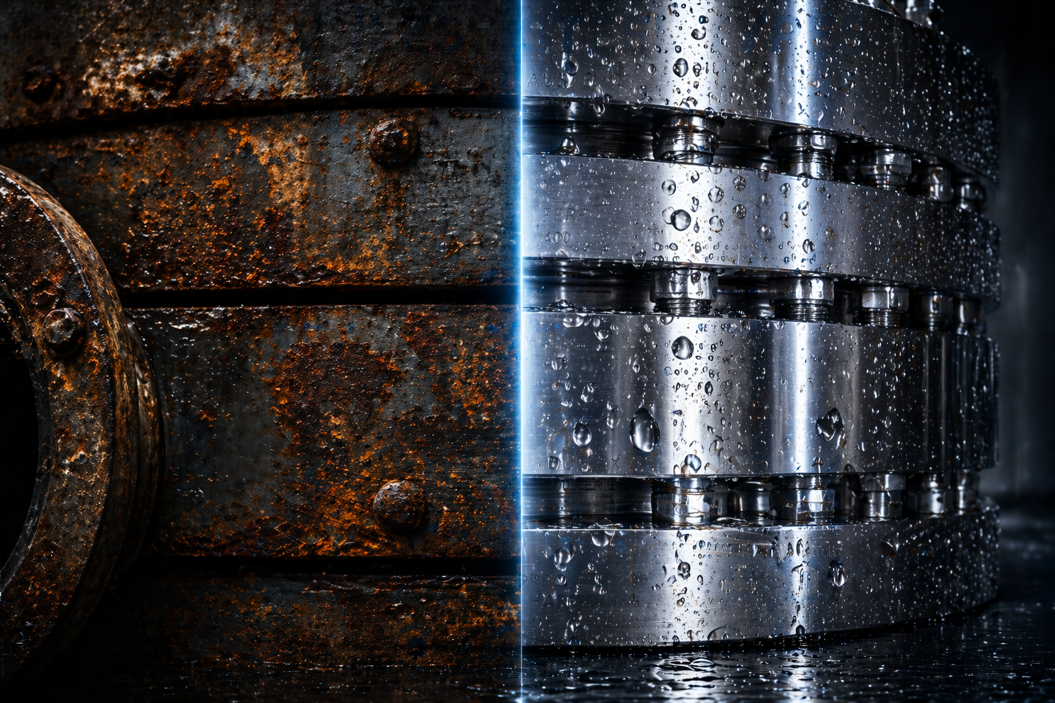 Close-up comparison of clean and corroded stainless steel surfaces under industrial lighting