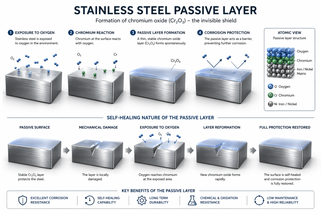 Chromium oxide passive layer protecting stainless steel from corrosion