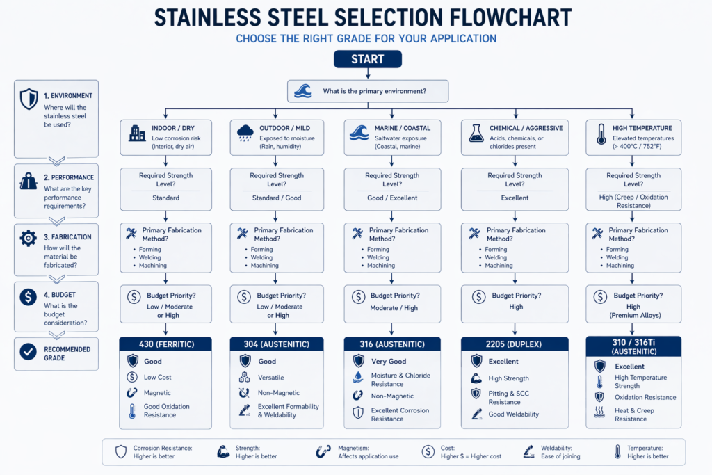 Flowchart showing how to select the right stainless steel based on environment and application