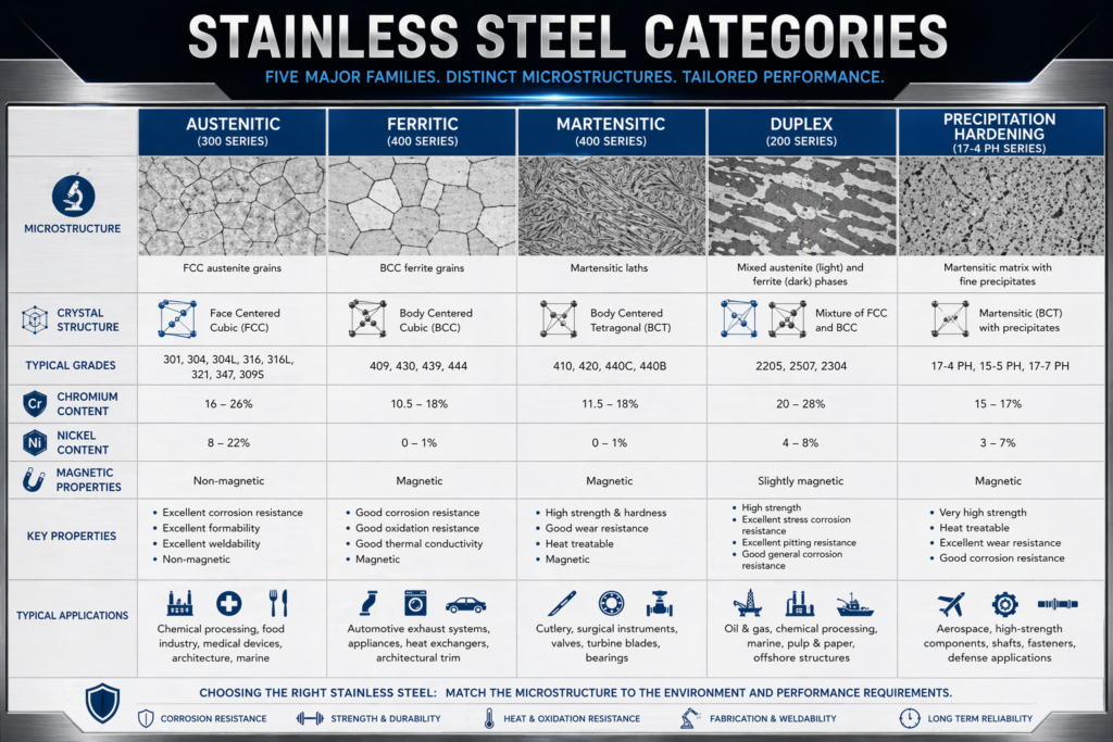 Comparison of the five main types of stainless steel based on structure and properties