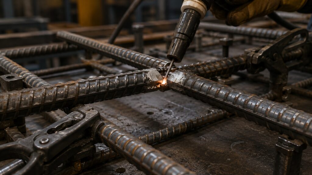 Welding ASTM A706 reinforcing steel in fabrication shop