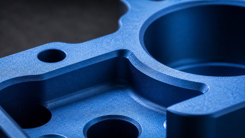 Macro view of anodized aluminum surface showing the controlled oxide layer that allows color and durability
