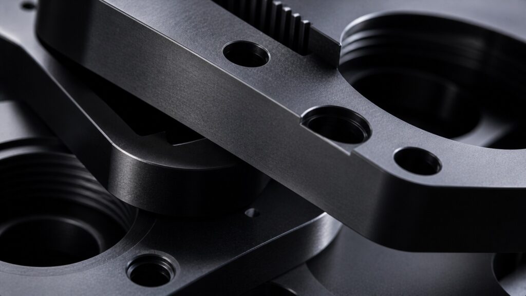 Matte black oxide stainless steel industrial components with dark satin low reflection finish