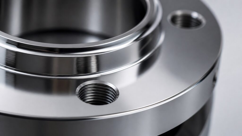 Smooth electropolished stainless steel surface with bright clean finish for corrosion resistance and sanitary applications