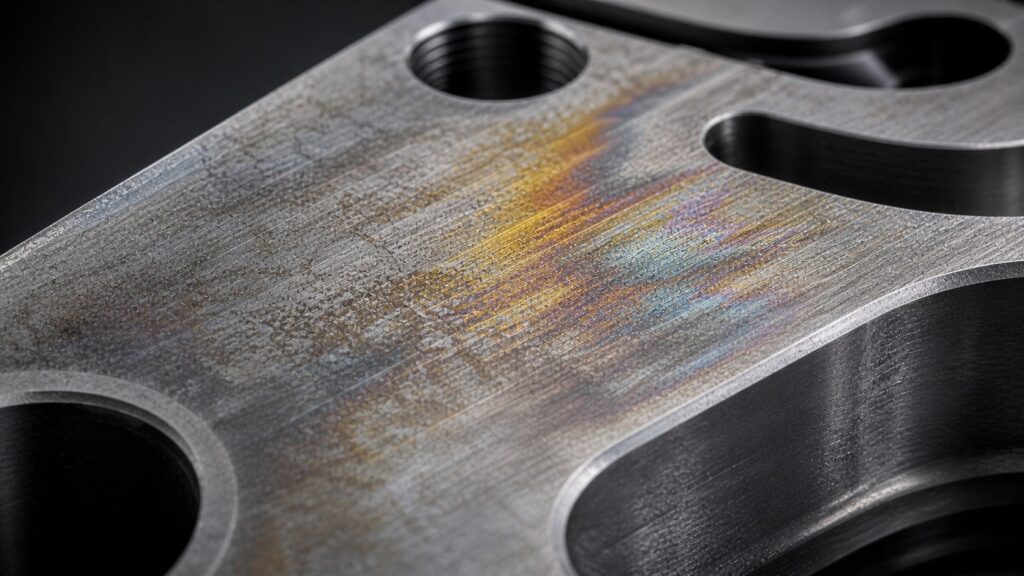 Stainless steel surface with patchy discoloration and light etching after a failed anodizing attempt