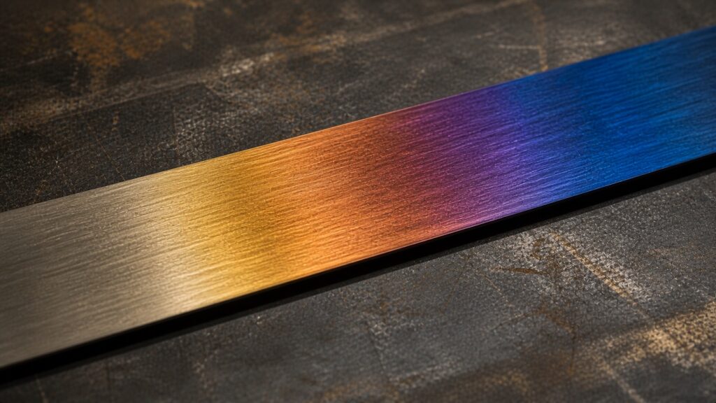 Heat colored stainless steel strip showing straw bronze purple and blue oxidation colors from controlled heating