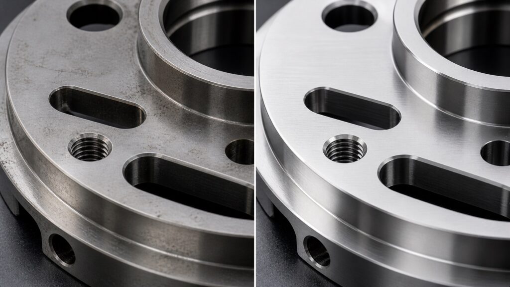 Before and after comparison of stainless steel surface showing improved cleanliness after passivation