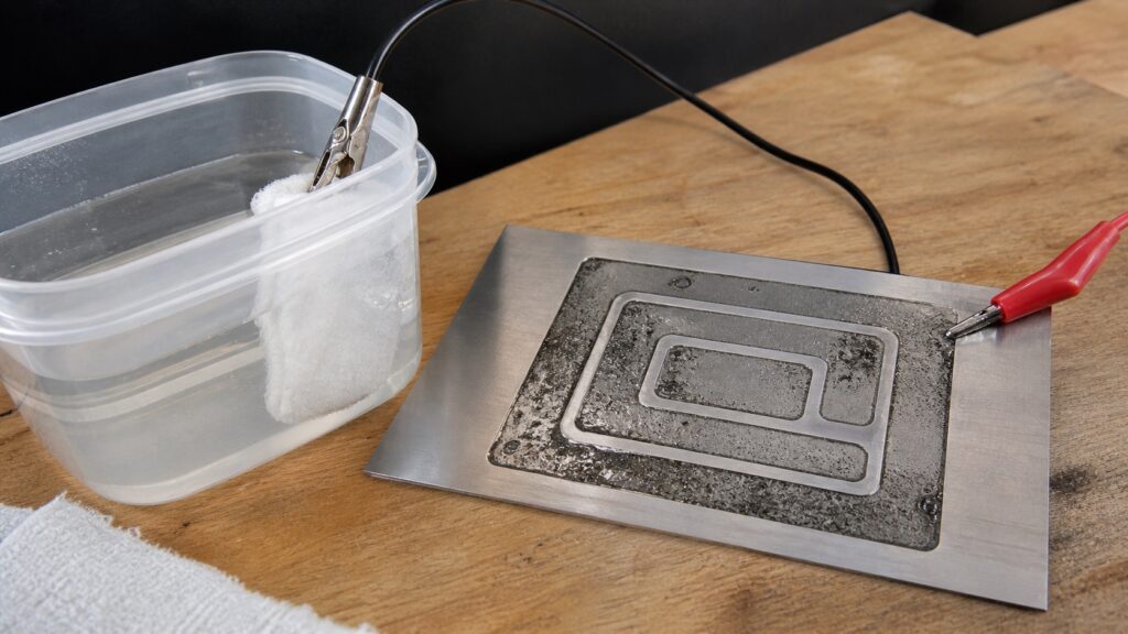 salt water etching setup stainless steel diy battery wires electrolyte solution
