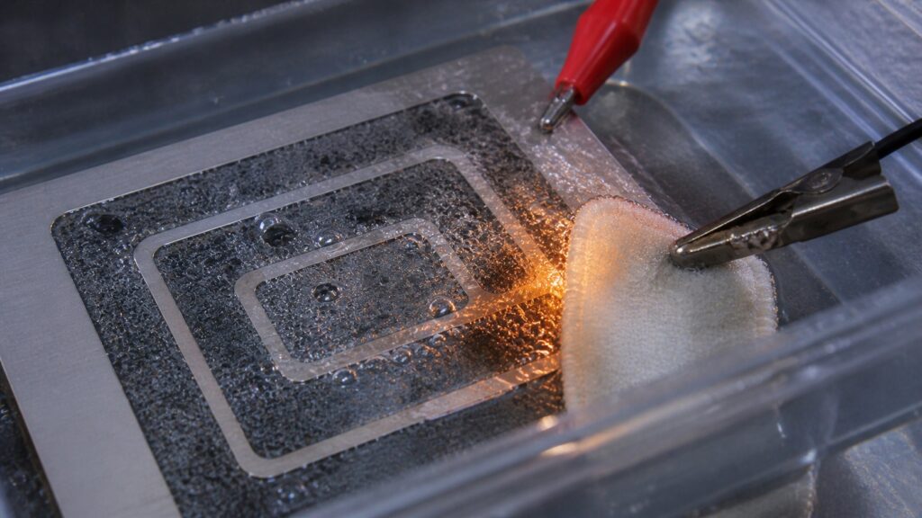 salt water etching stainless steel bubbling electrolysis process close up