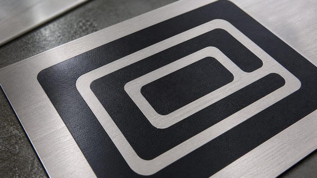vinyl stencil applied on stainless steel for salt water etching process