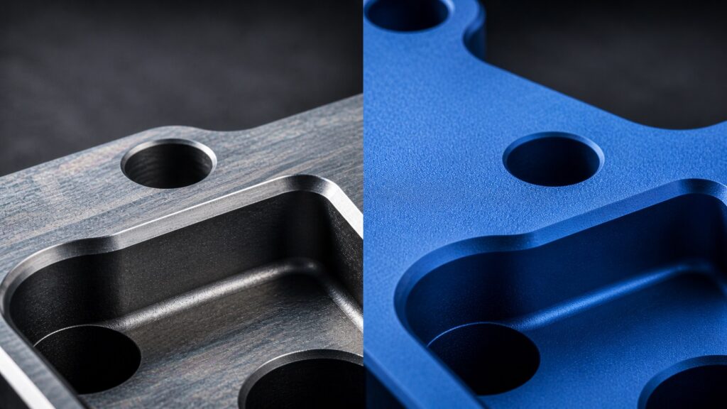Close up comparison of stainless steel and anodized aluminum showing the difference between passive chromium oxide and anodized aluminum oxide