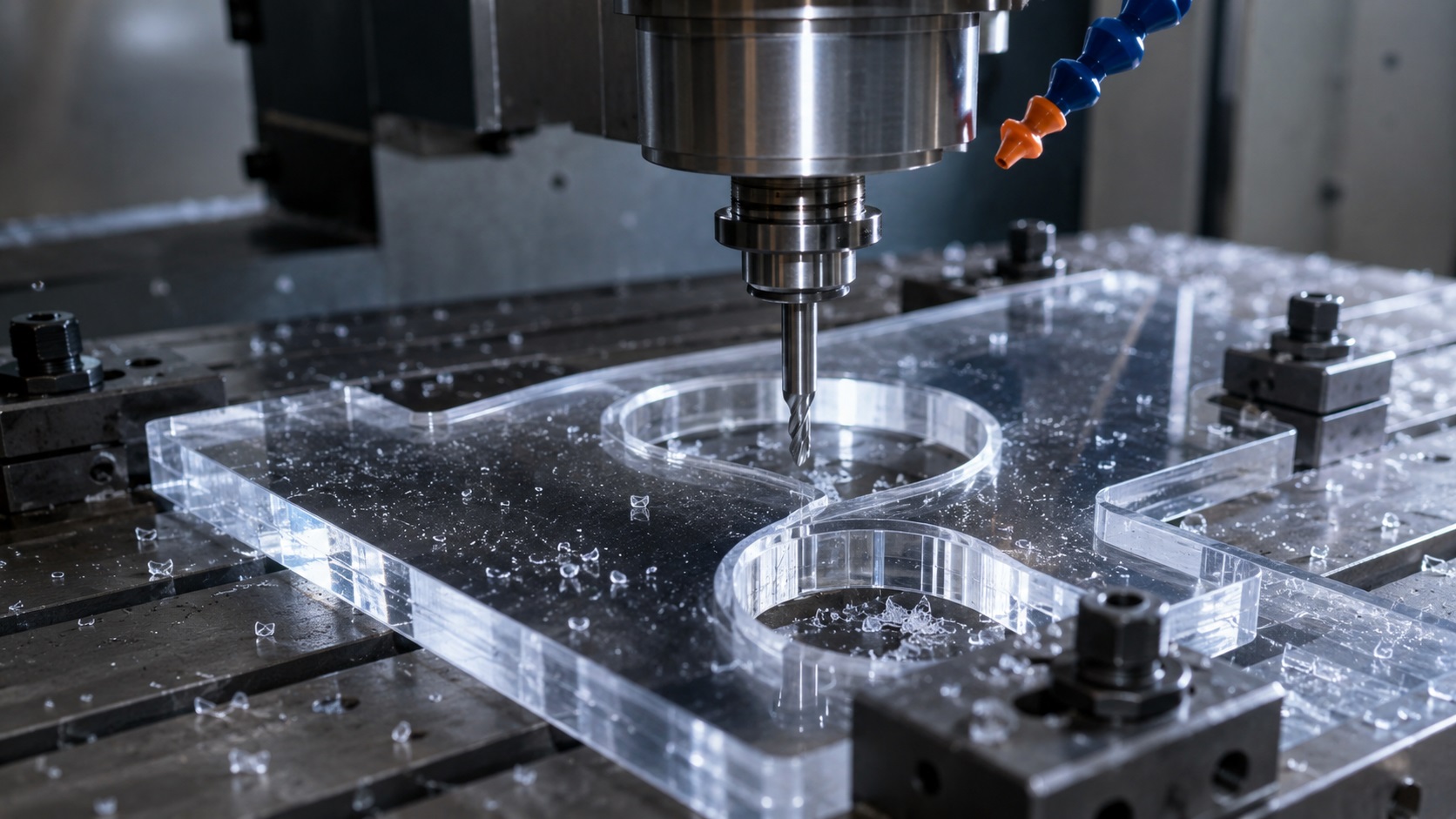 CNC machining acrylic sheet with polished carbide end mill