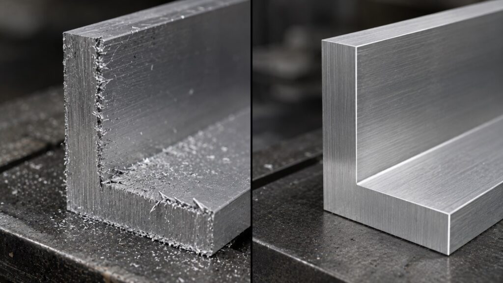 comparison of rough burr edge versus clean aluminum angle cut