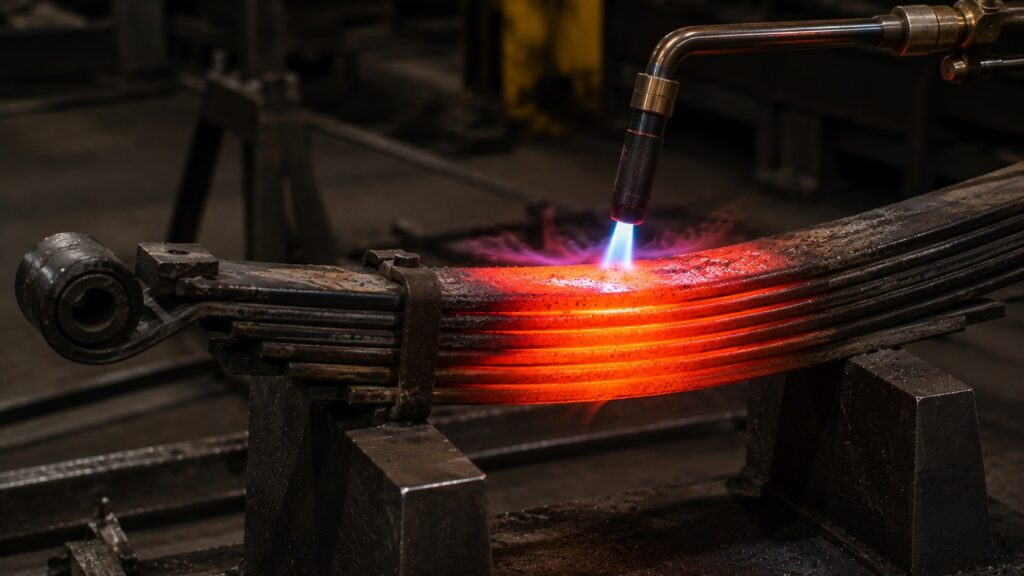 Automotive leaf spring steel being annealed with torch heat