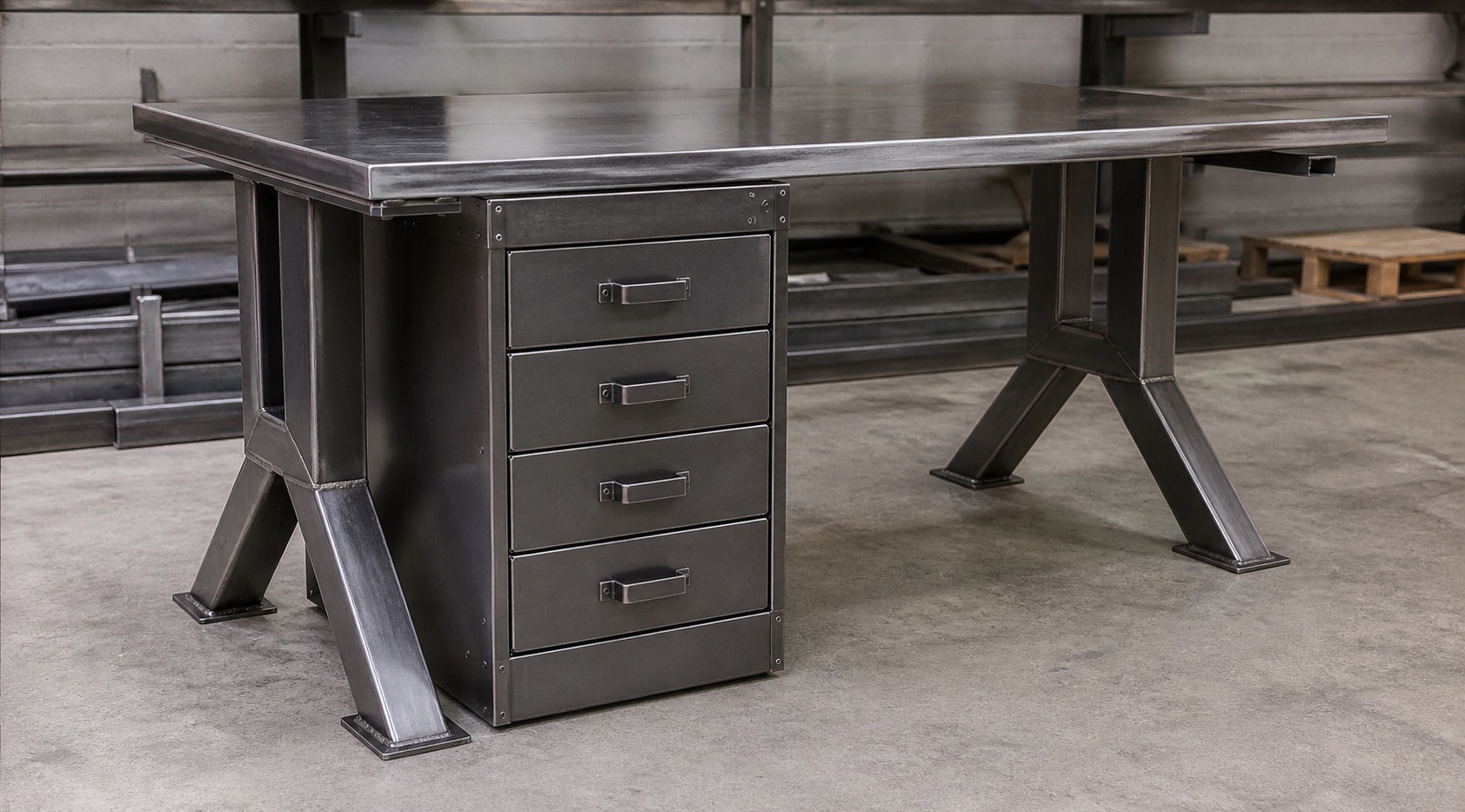 finished bare steel furniture with industrial look and protective coating applied