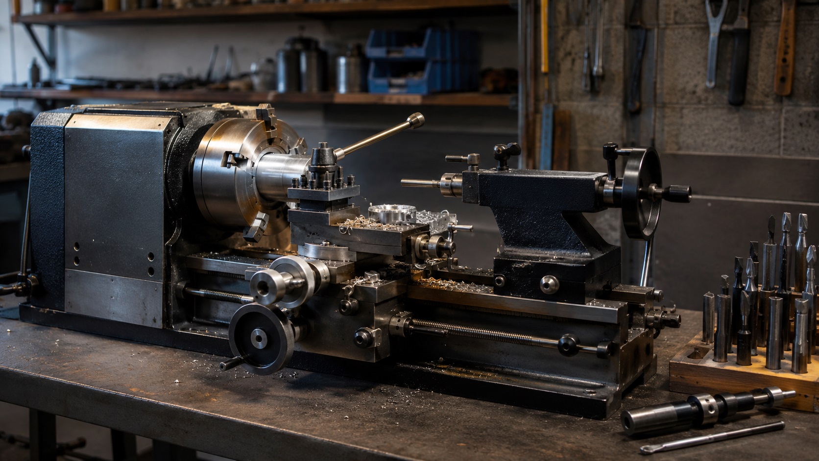 Benchtop minilathe set up in a small workshop for hobby machining