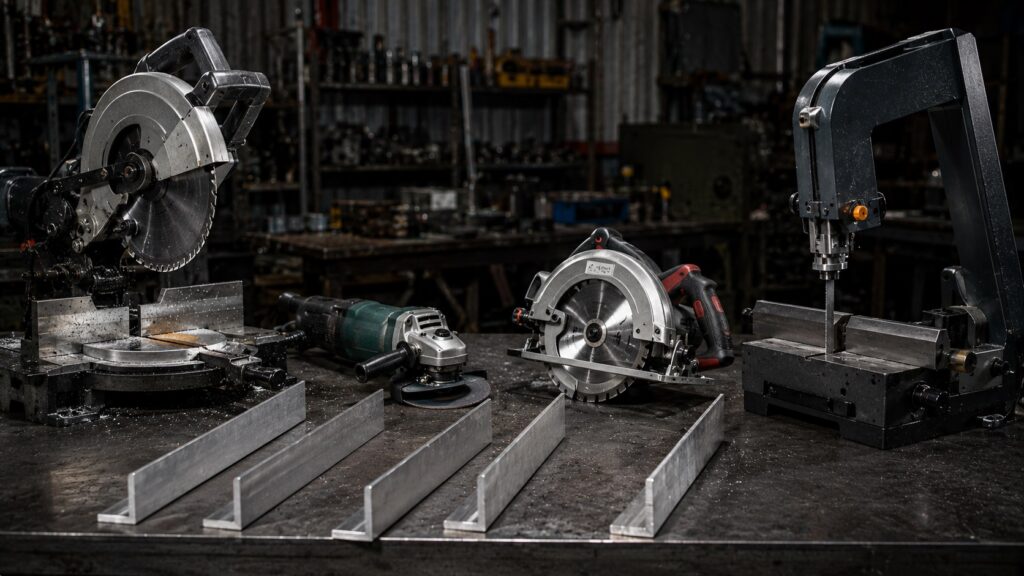 different tools used for cutting aluminum angle including miter saw grinder and bandsaw