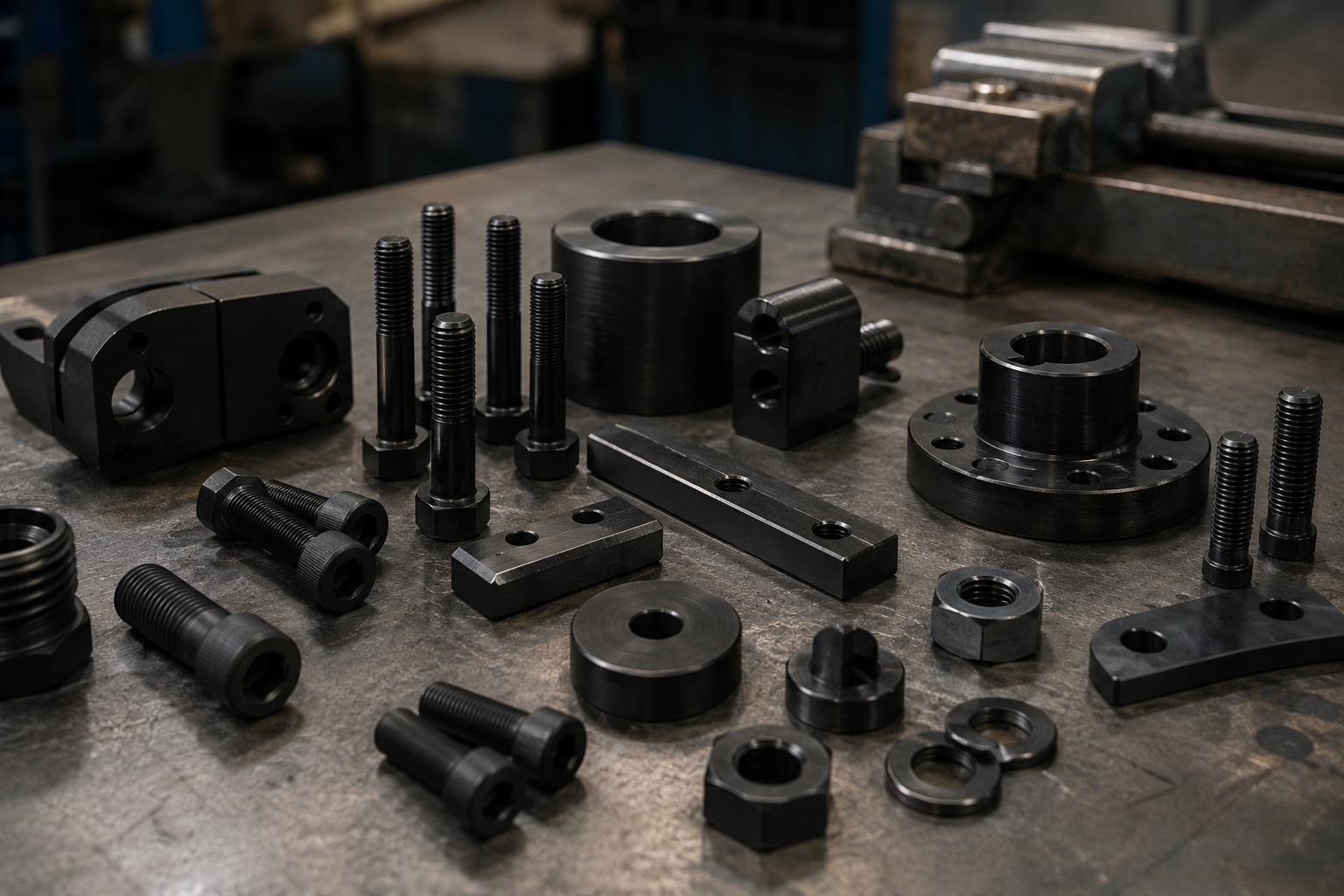 Black oxide coated steel fasteners and machined parts with dark satin finish