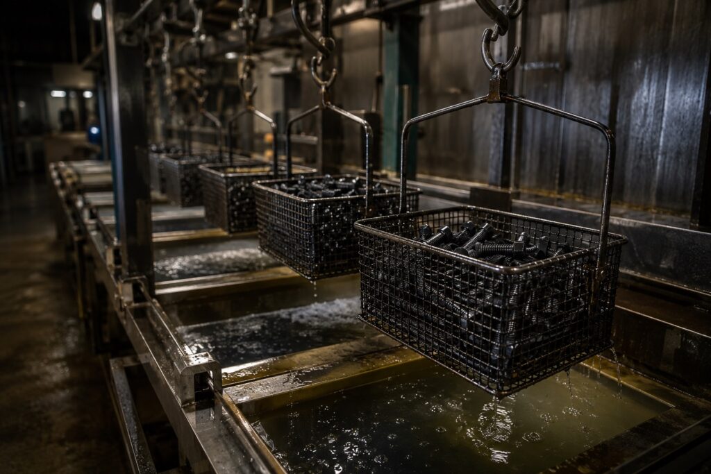 Steel parts being processed in an industrial black oxide coating line
