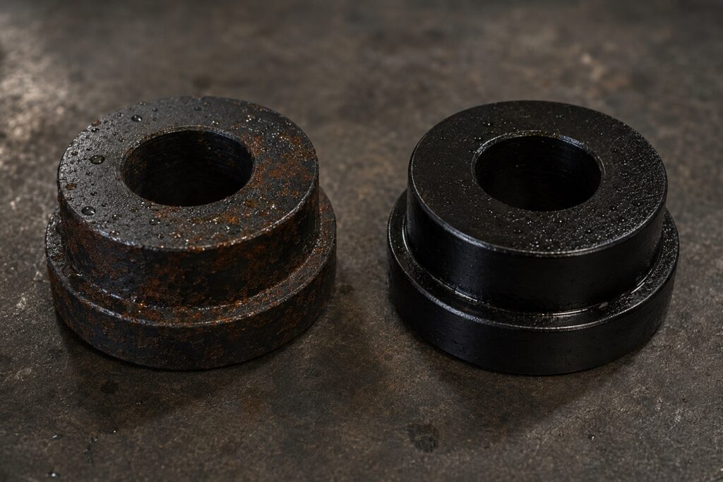 Black oxide steel part showing rust where the protective oil film has failed