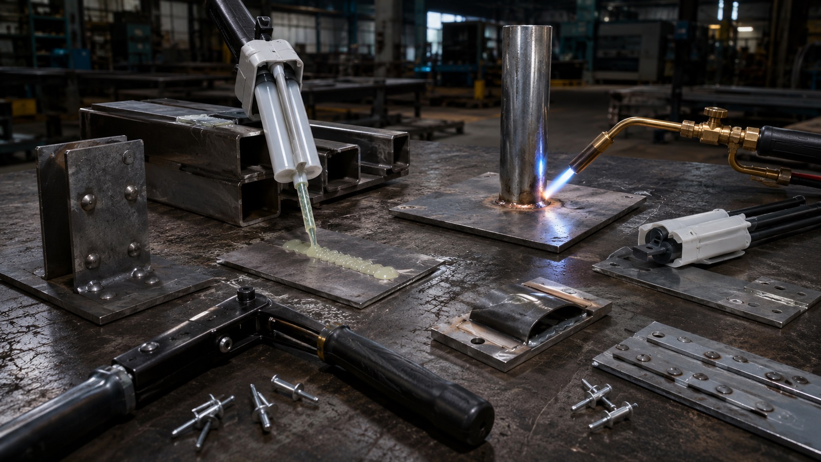 different methods used to bond metal without welding in industrial workshop