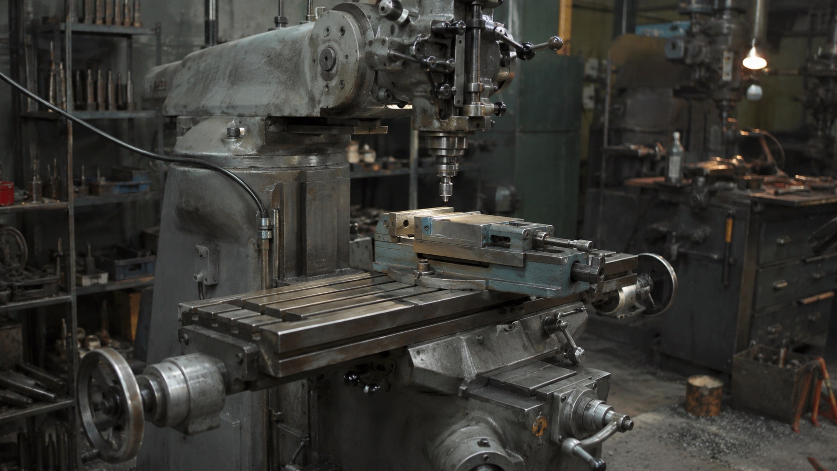 Classic Bridgeport manual milling machine in industrial workshop